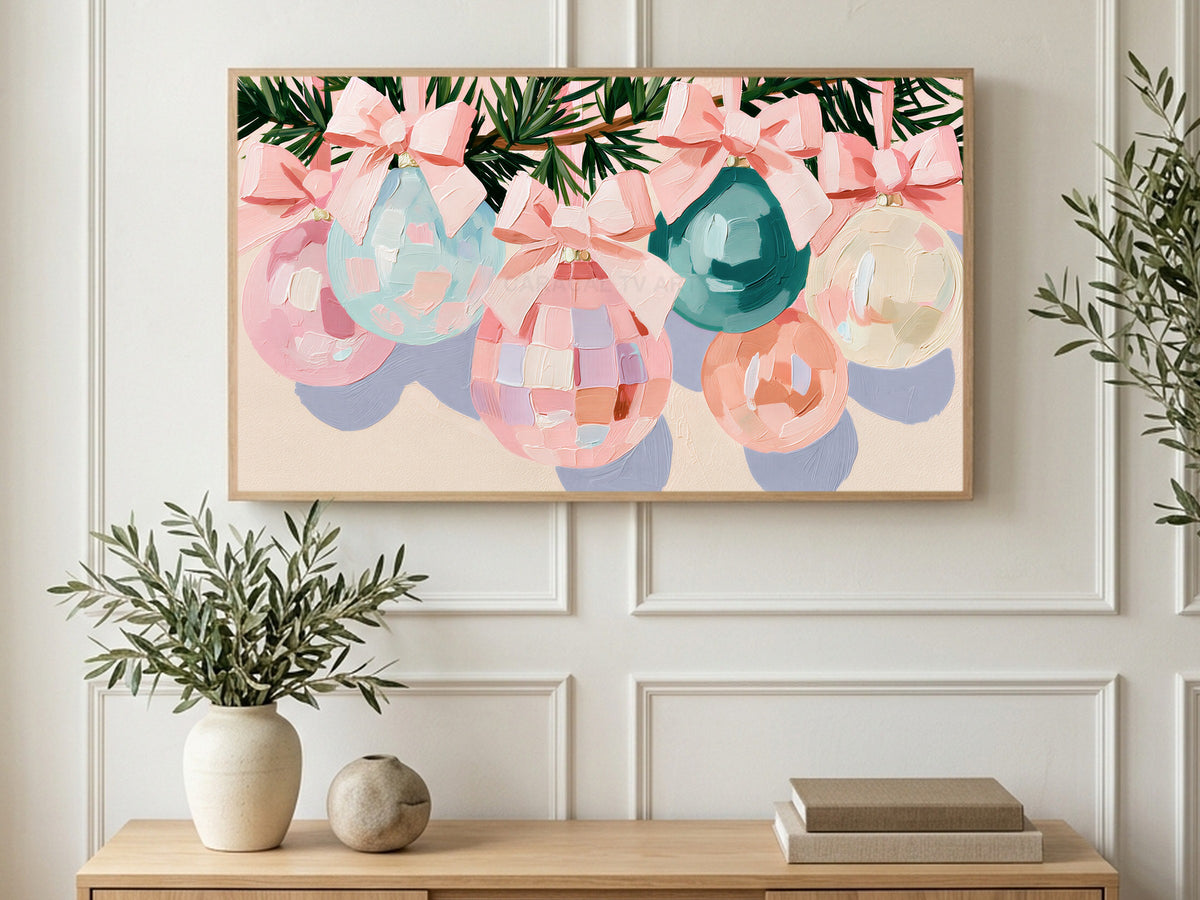 Pink Bow Ornaments art on a TV in a living room
