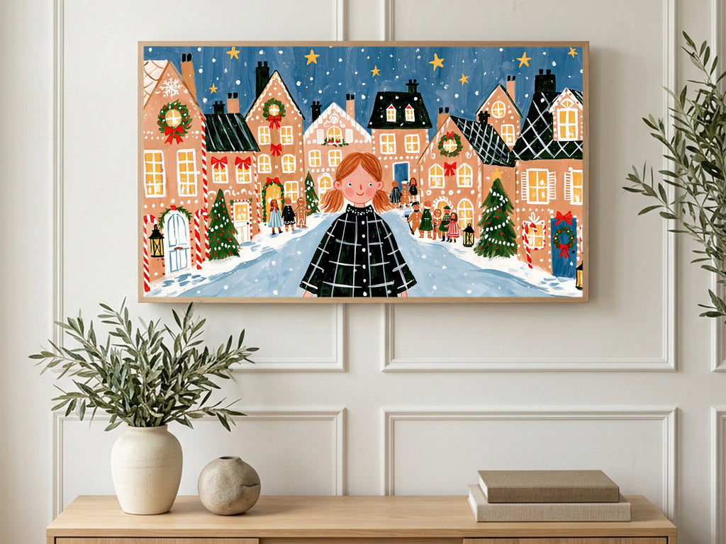 Gingerbread Village Night art on a TV in a living room