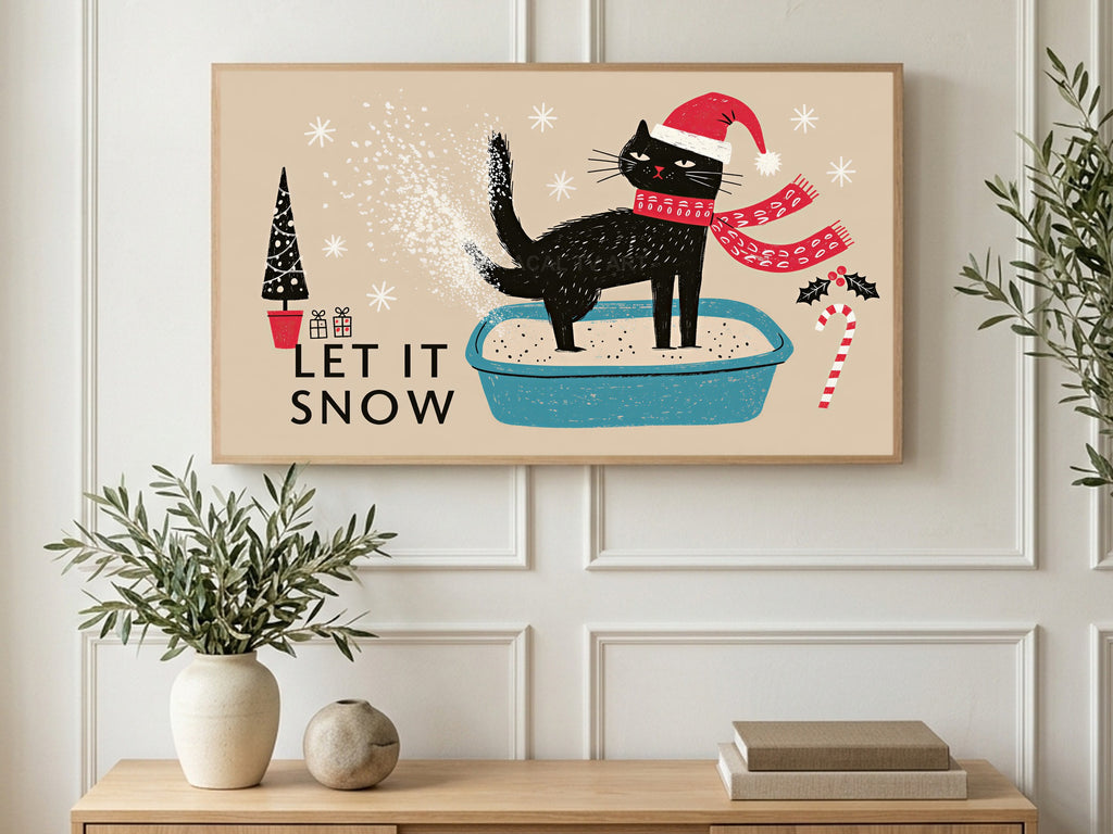 Let It Snow Cat art on a TV in a living room