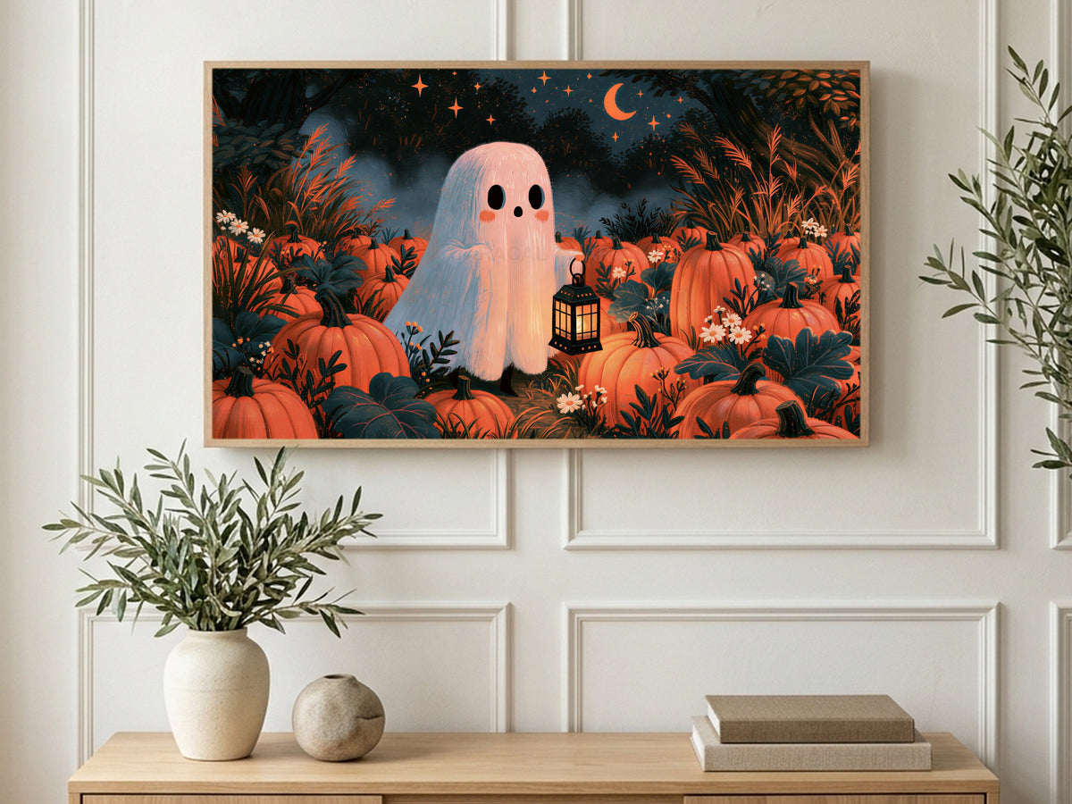 Pumpkin Patch Lantern Ghost art on a TV in a living room