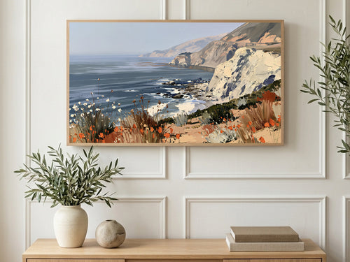 California Coast Poppies art on a TV in a living room