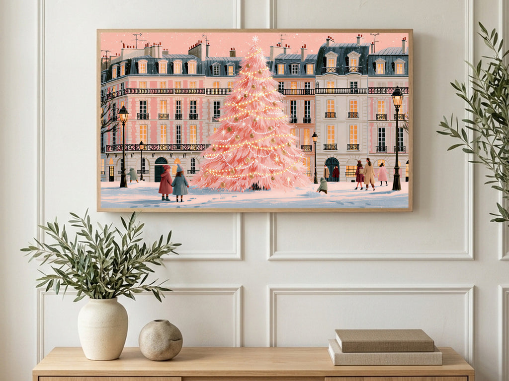 Paris Pink Tree Glow art on a TV in a living room