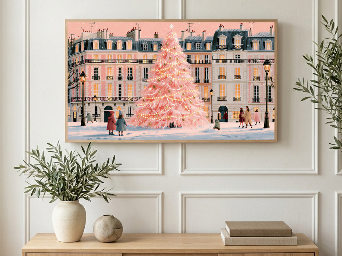Paris Pink Tree Glow art on a TV in a living room
