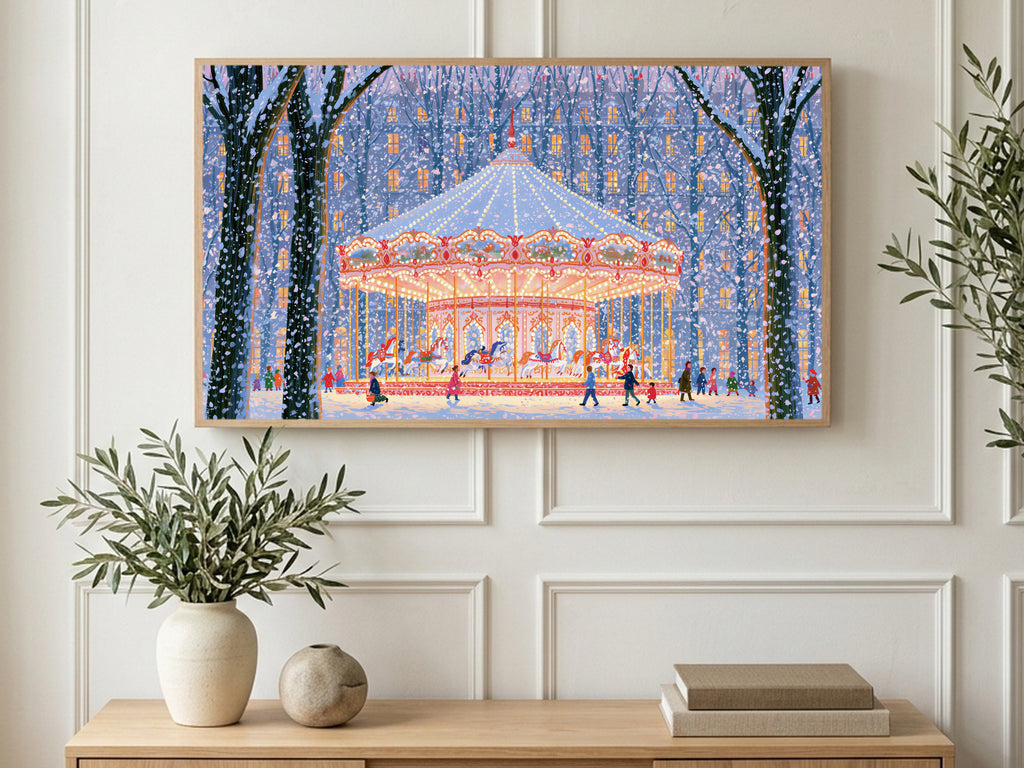 Snowy Night Carousel art on a TV in a living room