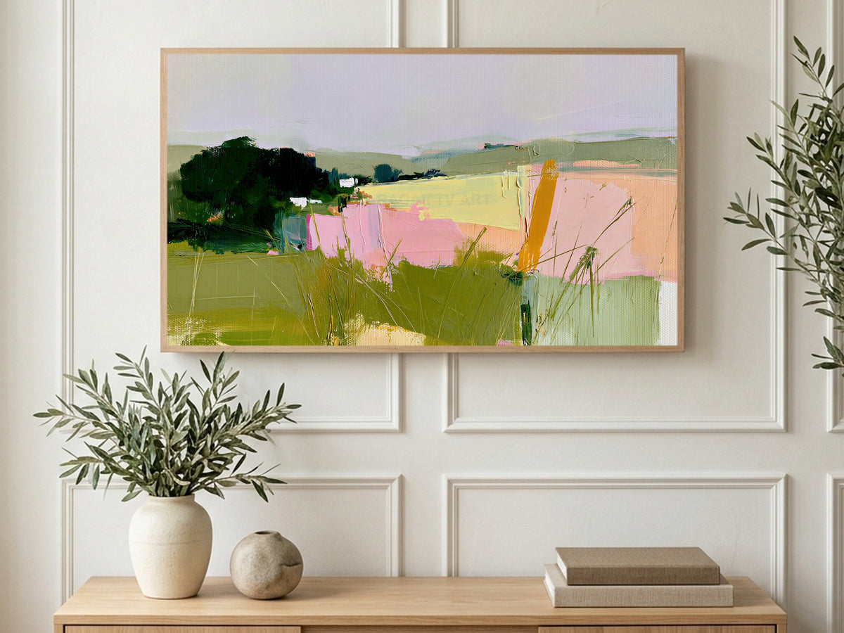 Abstract Countryside Fields art on a TV in a living room