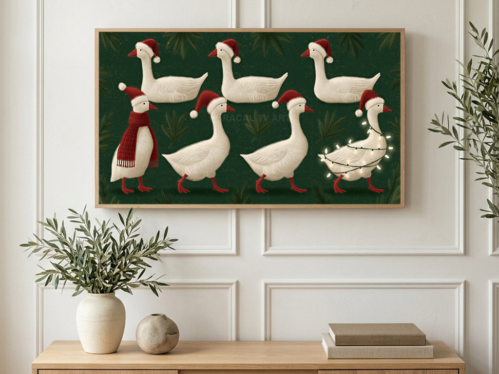 Glowing Goose Parade art on a TV in a living room