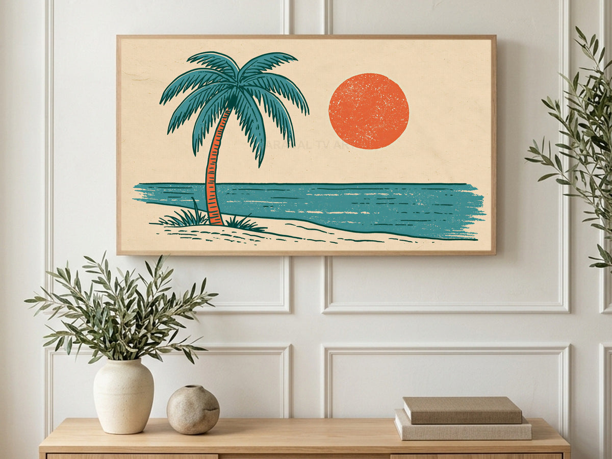 Lone Palm Orange Sun art on a TV in a living room