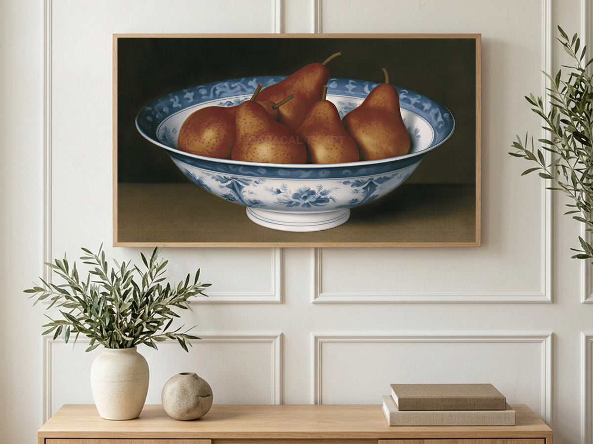 Pears in Porcelain Bowl art on a TV in a living room