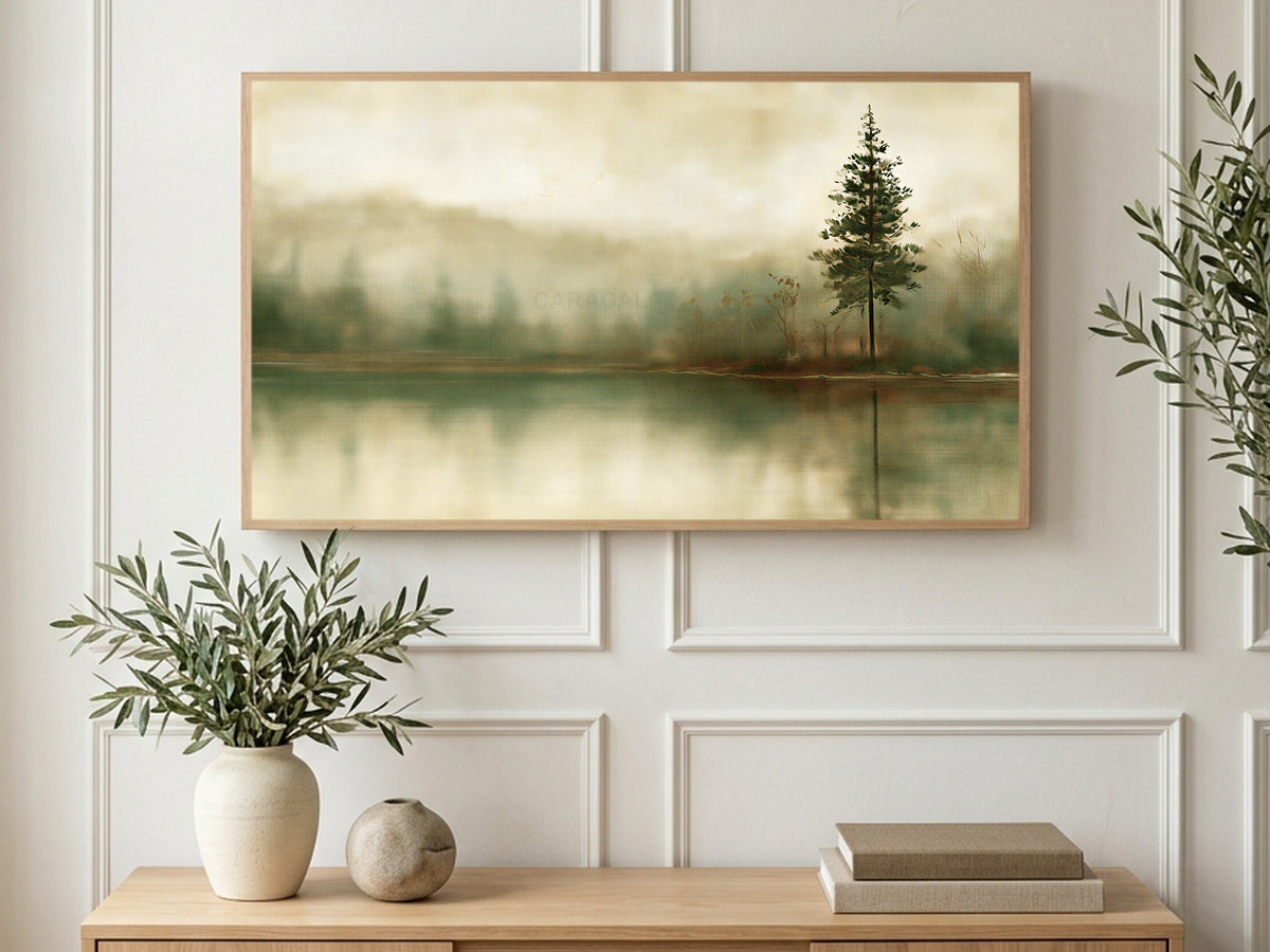 Misty Lake Lone Pine art on a TV in a living room