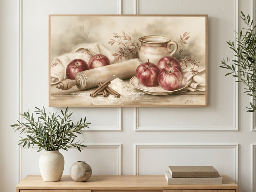 Apples and Rolling Pin art on a TV in a living room