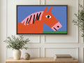 Orange Naive Horse art on a TV in a living room