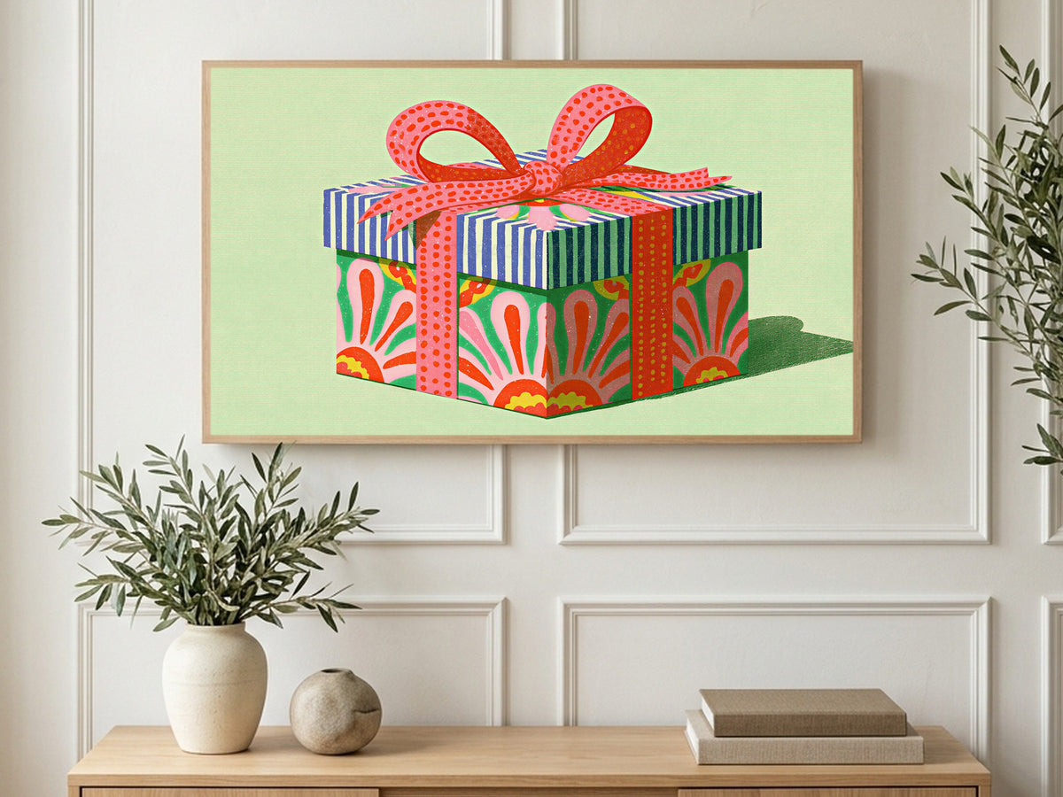 Polka Dot Gift Box art on a TV in a living room