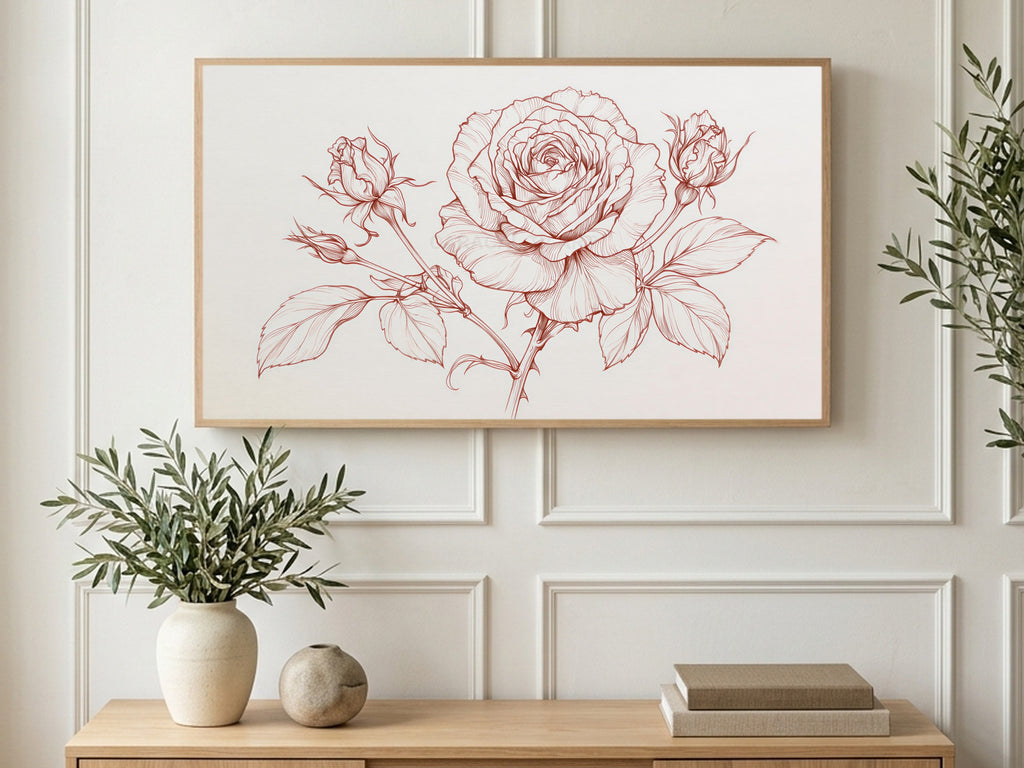 Red Rose Line Drawing art on a TV in a living room
