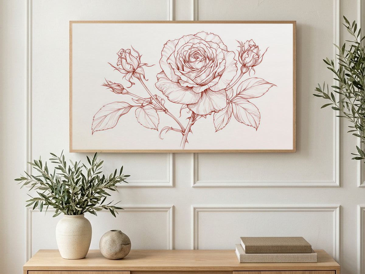 Red Rose Line Drawing art on a TV in a living room