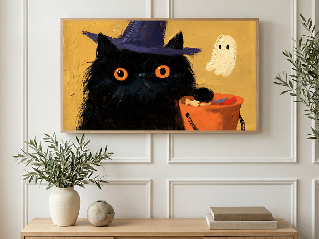 Candy Bucket Cat art on a TV in a living room