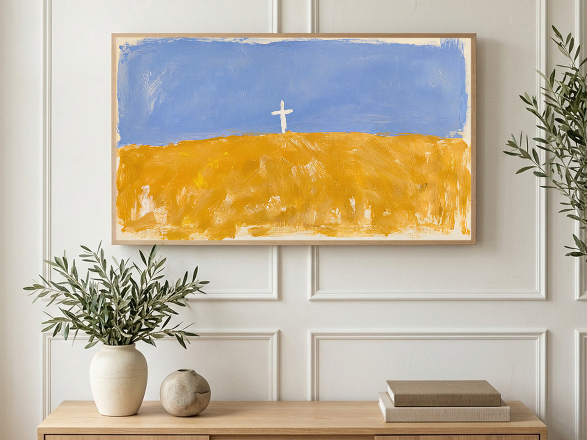 Cross on Golden Field art on a TV in a living room