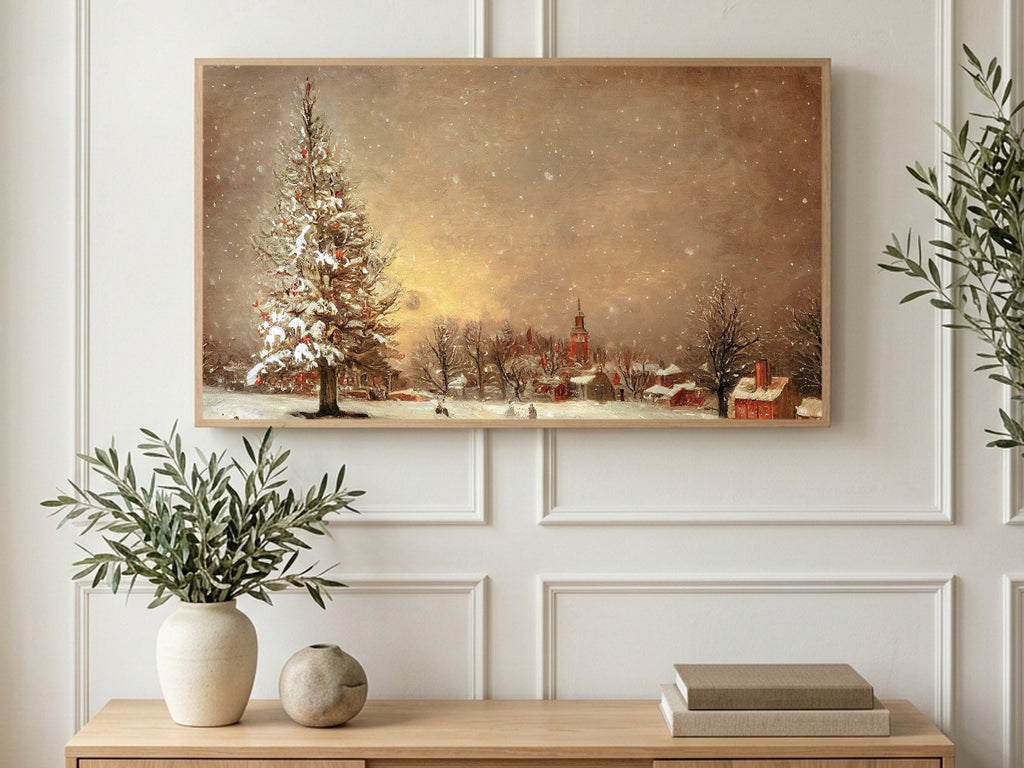 Lone Snowy Tree art on a TV in a living room