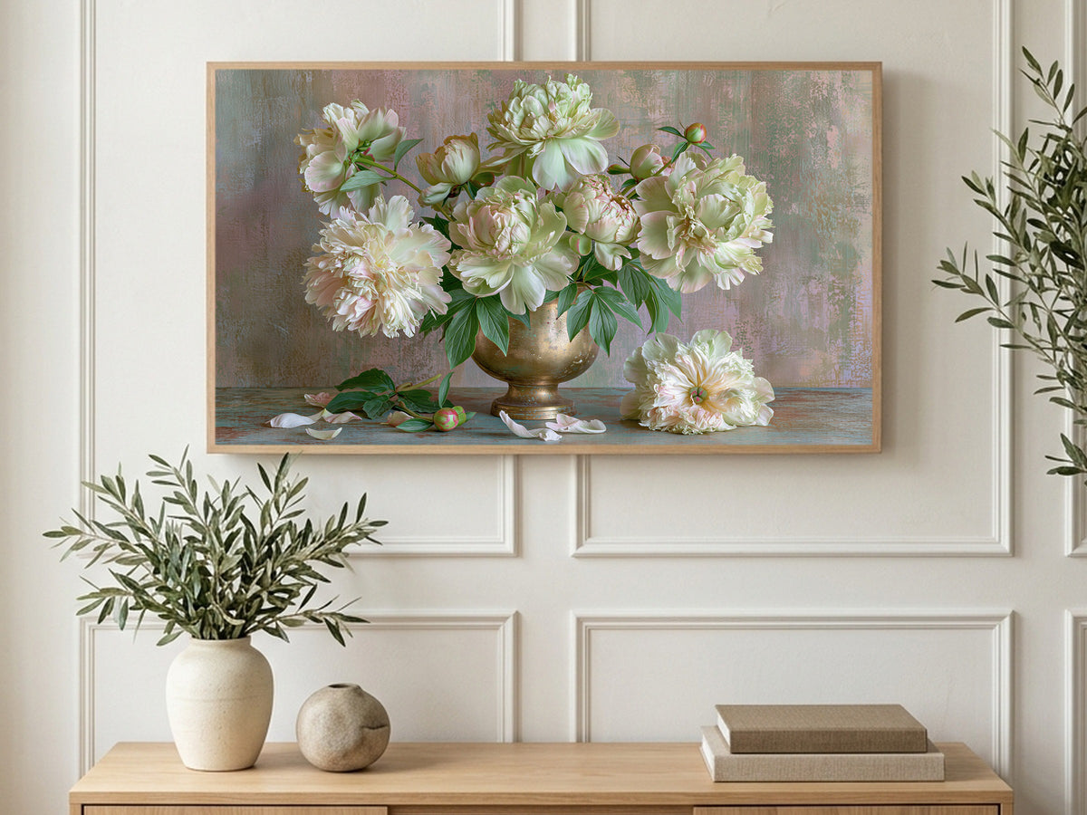 Brass Urn Peonies art on a TV in a living room