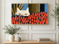 White Cat in Tulips art on a TV in a living room