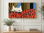 White Cat in Tulips art on a TV in a living room