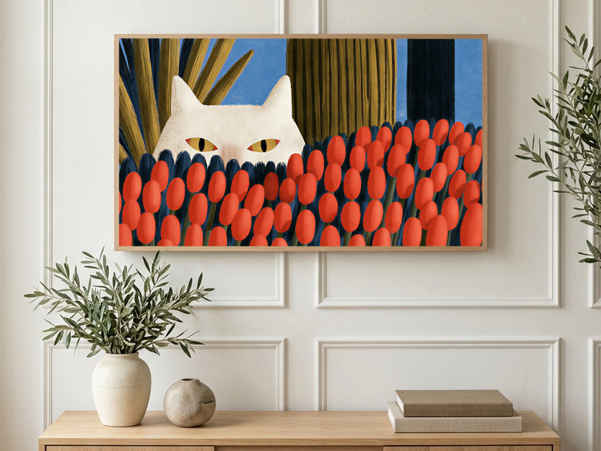 White Cat in Tulips art on a TV in a living room