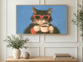 Red Shades Coffee Cat art on a TV in a living room