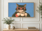 Red Shades Coffee Cat art on a TV in a living room