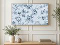 Blue Toile Wild Roses art on a TV in a living room