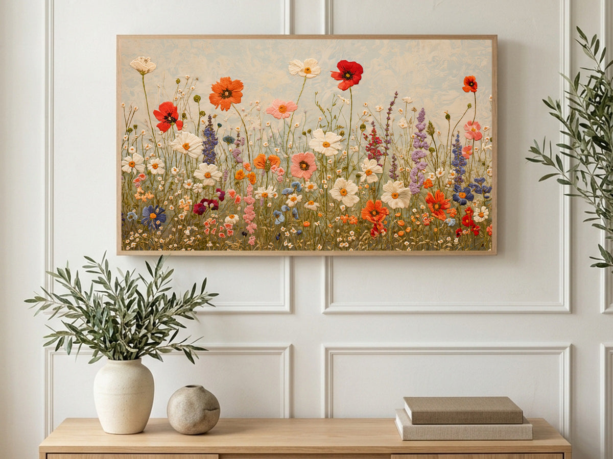 Poppy Daisy Meadow art on a TV in a living room
