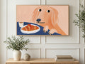 Croissant Peeking Dog art on a TV in a living room