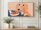 Croissant Peeking Dog art on a TV in a living room