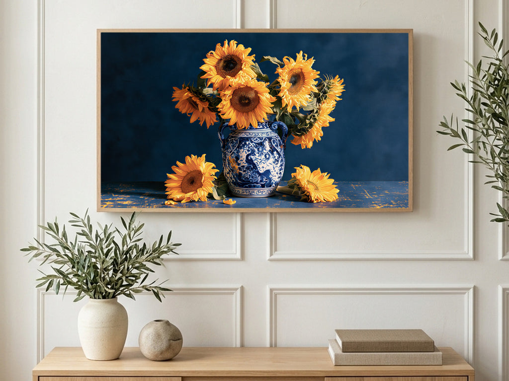 Sunflowers in Blue Vase art on a TV in a living room