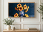 Sunflowers in Blue Vase art on a TV in a living room
