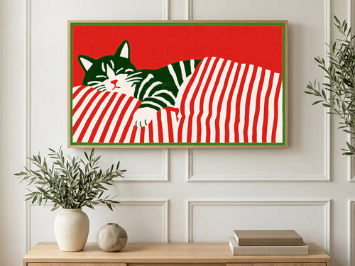 Candy Stripe Cat Nap art on a TV in a living room