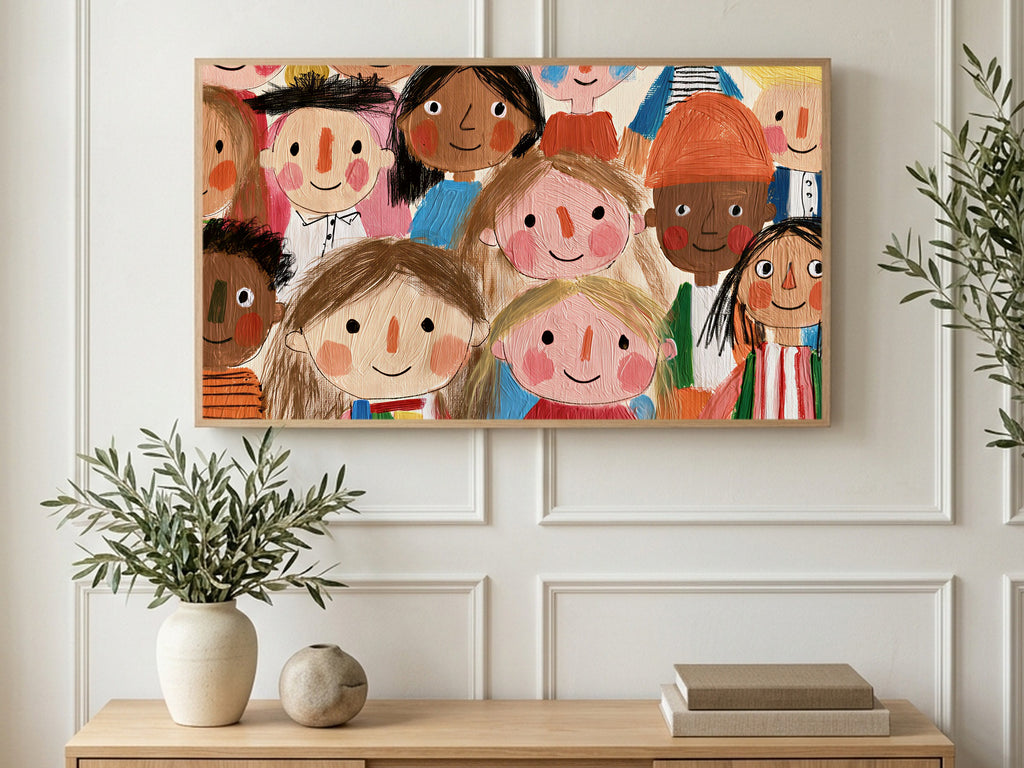 Smiling Faces Crowd art on a TV in a living room