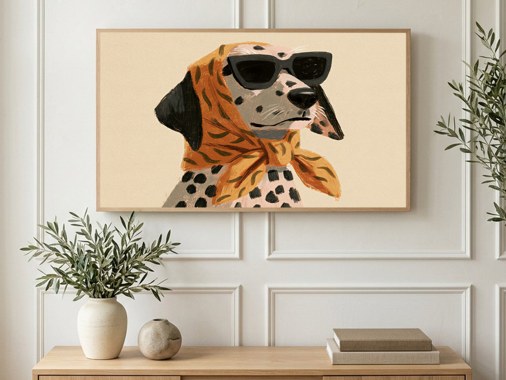 Dalmatian in Sunglasses art on a TV in a living room