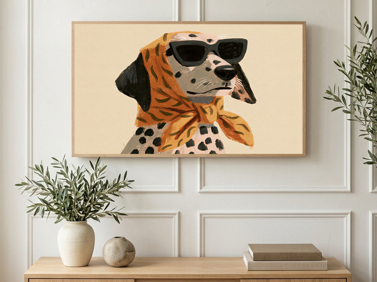 Dalmatian in Sunglasses art on a TV in a living room