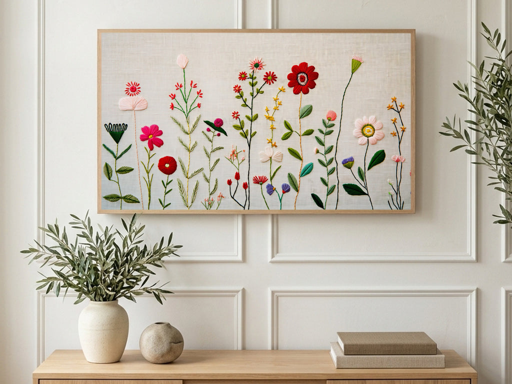 Stitched Linen Wildflowers art on a TV in a living room