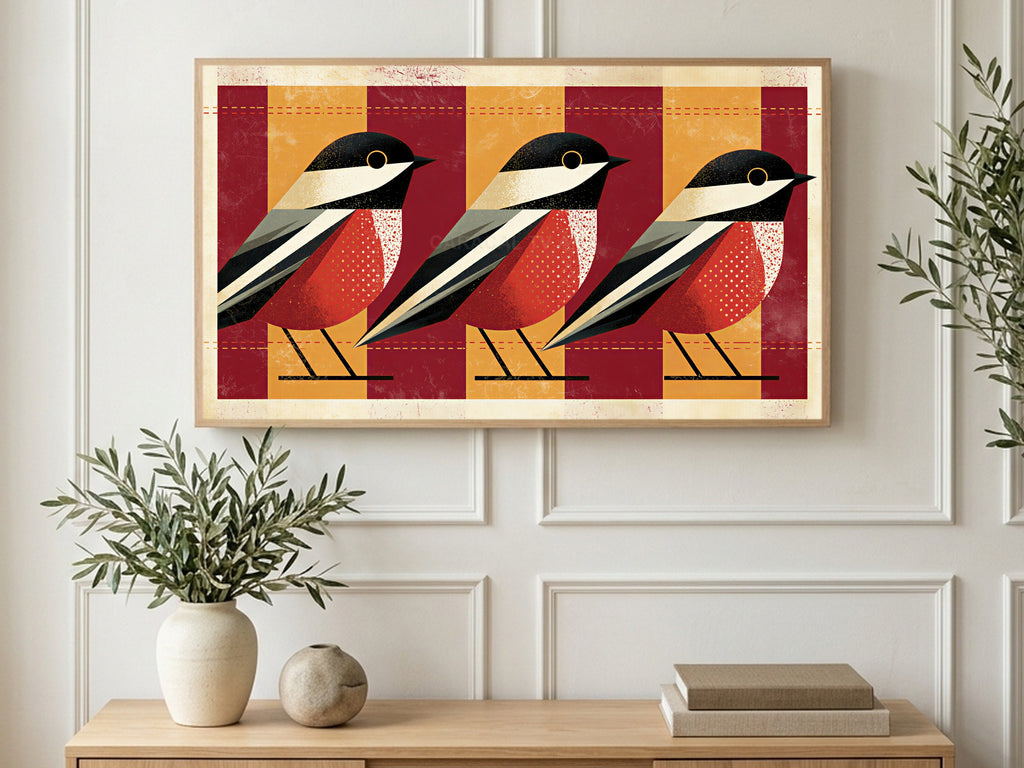 Geometric Bird Trio art on a TV in a living room