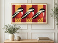 Geometric Bird Trio art on a TV in a living room