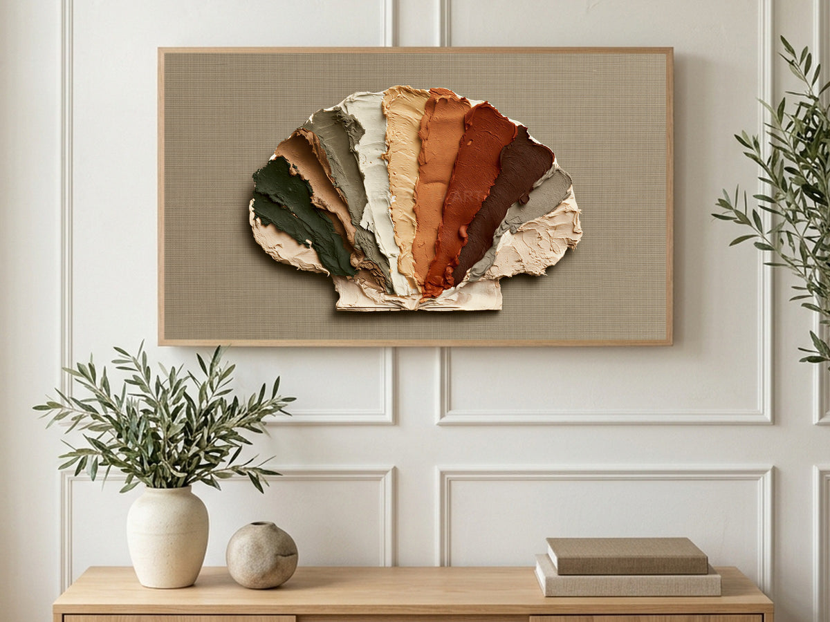 Earthy Impasto Seashell art on a TV in a living room