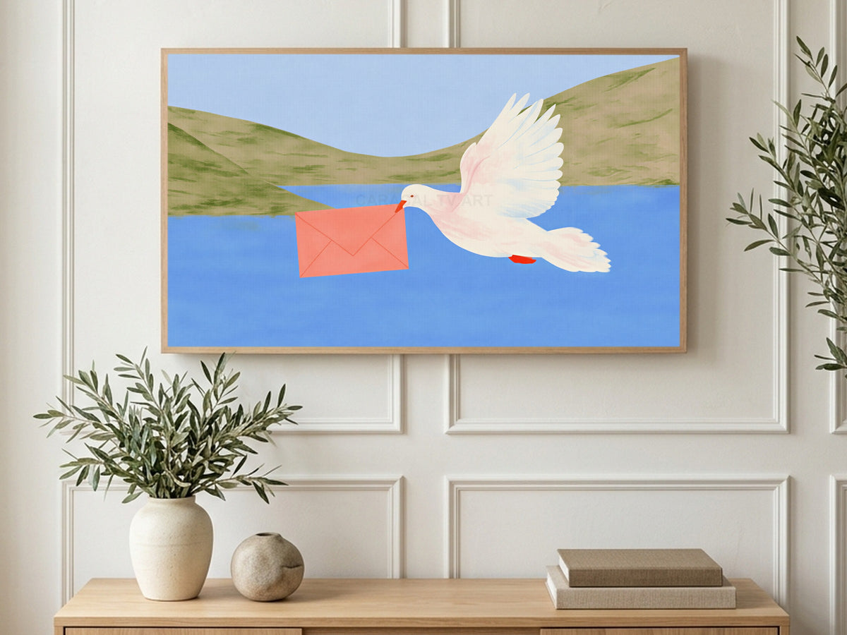 Dove with a Letter art on a TV in a living room