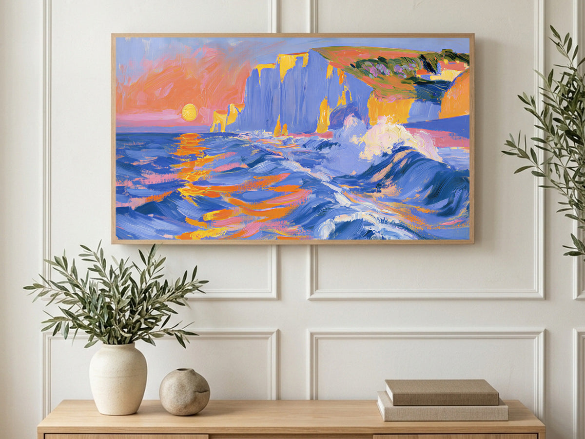 Sunset Chalk Cliffs art on a TV in a living room