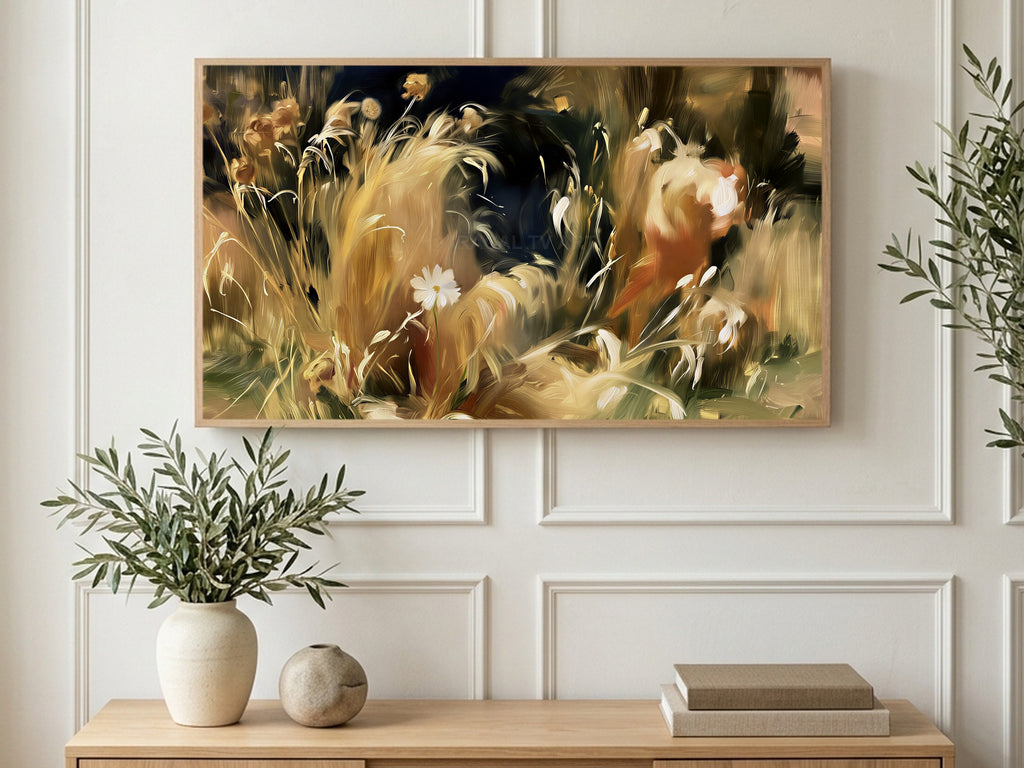 Golden Grass Daisy art on a TV in a living room