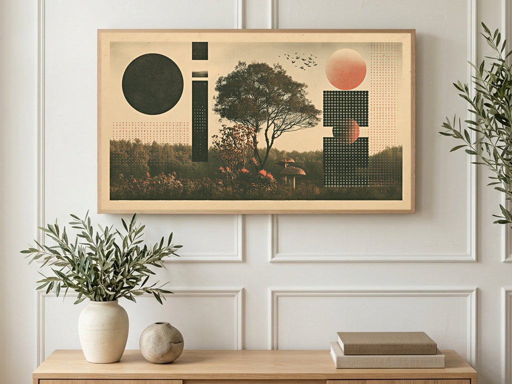 Halftone Tree and Mushrooms art on a TV in a living room