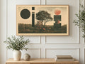 Halftone Tree and Mushrooms art on a TV in a living room