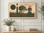 Halftone Tree and Mushrooms art on a TV in a living room