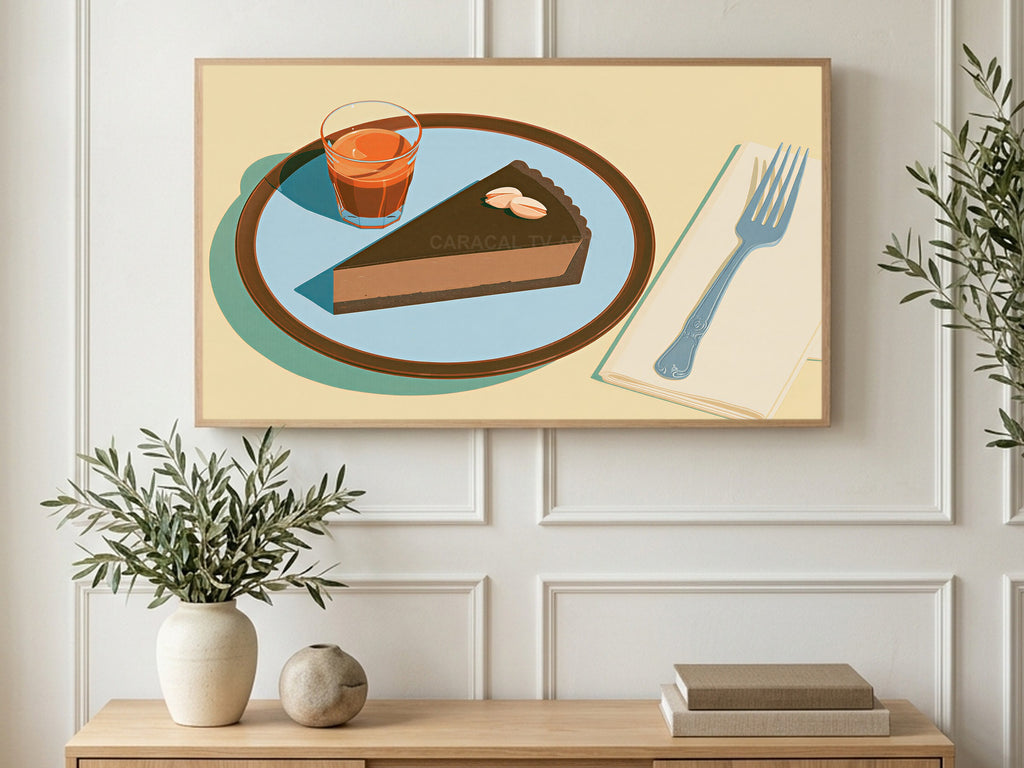 Chocolate Tart and Espresso art on a TV in a living room