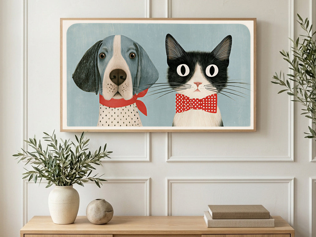 Hound and Cat Portrait art on a TV in a living room