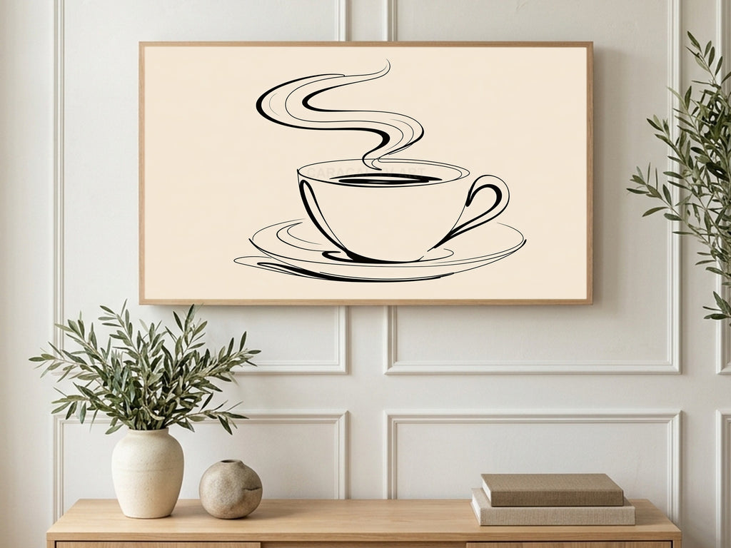 Coffee Cup Line Drawing art on a TV in a living room